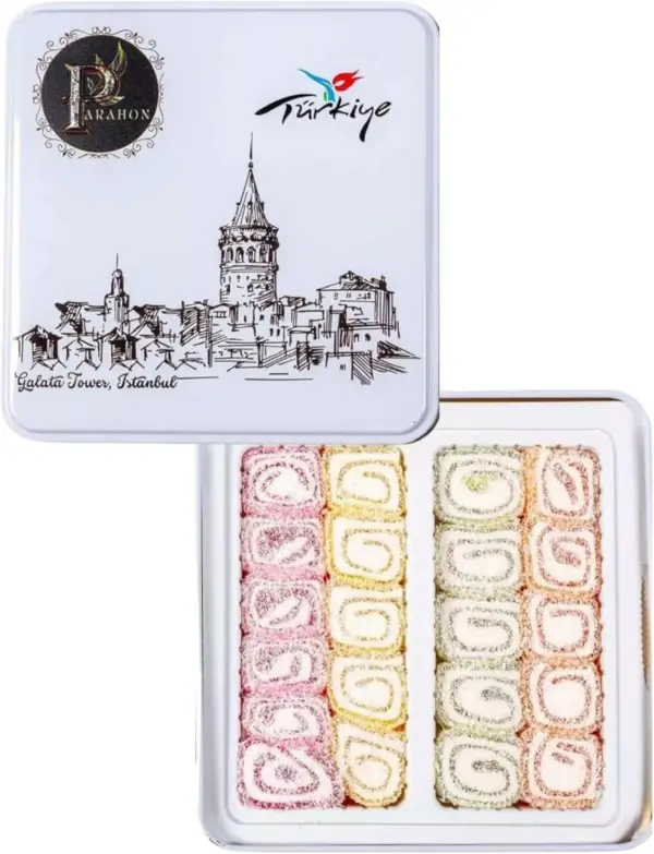 Turkish Delight Halal Sweets Snacks, Rolled Fruit Aroma Lokum Tin Gift Box, Rolled Fruit Mixed Aroma 500g