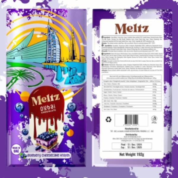 Meltz Dubai Knafeh Milk Chocolate Bar , Blueberry Cheesecake Kunafeh 200g - Image 3