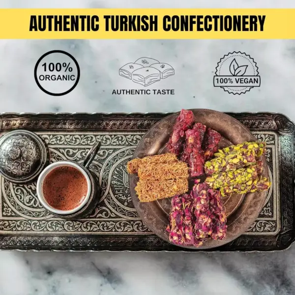 Turkish Delight Halal Sweets Snacks Tin Box , Parmak Lokum With Rose, Pistachio and kunafa Sprinkles 300g - Image 3