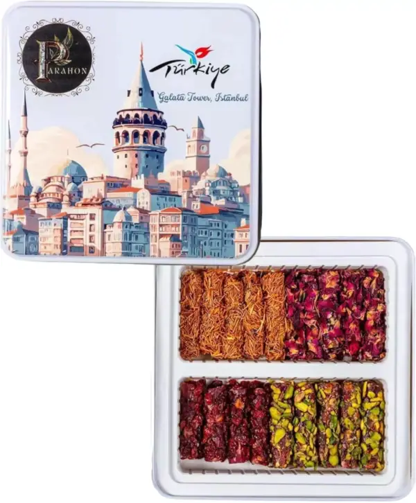 Turkish Delight Halal Sweets Snacks Tin Box , Parmak Lokum With Rose, Pistachio and kunafa Sprinkles 300g