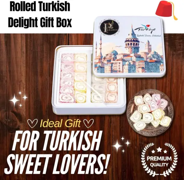 Turkish Delight Halal Sweets Snacks, Rolled Fruit Aroma Lokum Tin Gift Box, Rolled Fruit Mixed Aroma 500g - Image 6