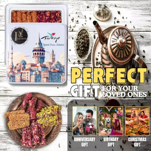 Turkish Delight Halal Sweets Snacks Tin Box , Parmak Lokum With Rose, Pistachio and kunafa Sprinkles 300g - Image 4
